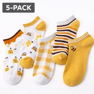 5-Pack Bee Ankle Socks Yellow & White Honeycomb One Size NWT